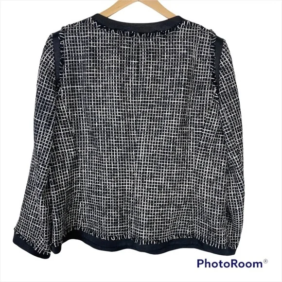 LAFAYETTE 148 NEW YORK Black Textured Tweed Grid Fringe Blazer Jacket 14 office - Picture 2 of 16